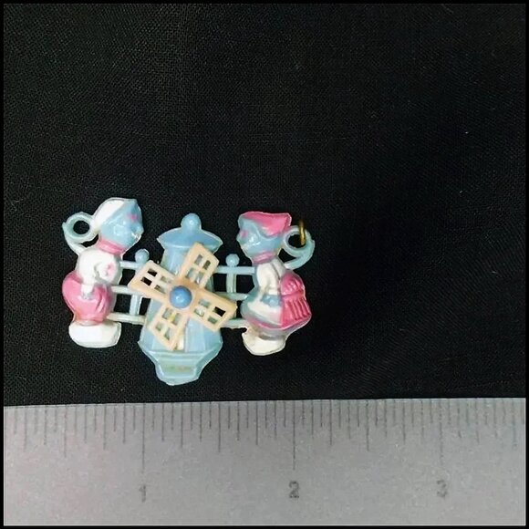 Vintage Celluloid Pendant Pink Blue Dutch Boy Dutch Girl for Novelty Jewelry - Picture 2 of 10